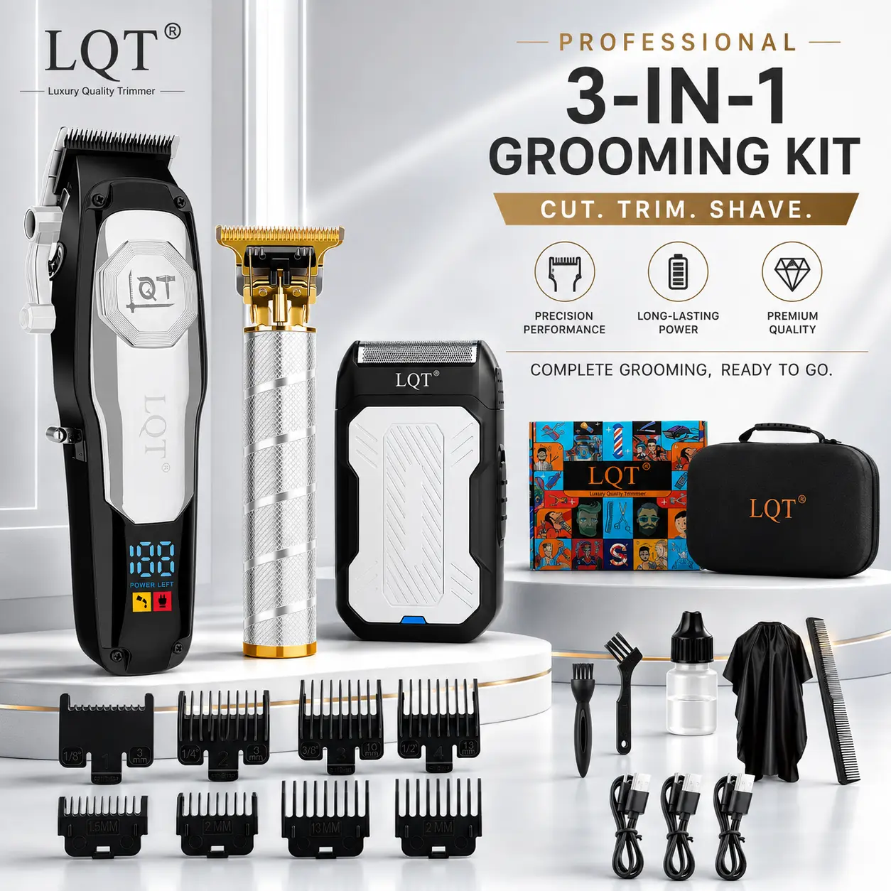Professional Silver Hair Clippers Set for Men, 3-in-1 Grooming Kit with Hair Clipper, Detail Trimmer & Foil Shaver, LCD Display, Precision Blades, Cordless Rechargeable Barber Kit for Home & Salon Use