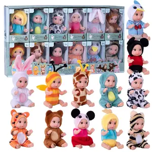 12 Mini Dolls Set, 4-Inch Realistic Baby Dolls with Animal Clothes, Cute Gift for Girls, Kids, Birthday, Baby Shower Party