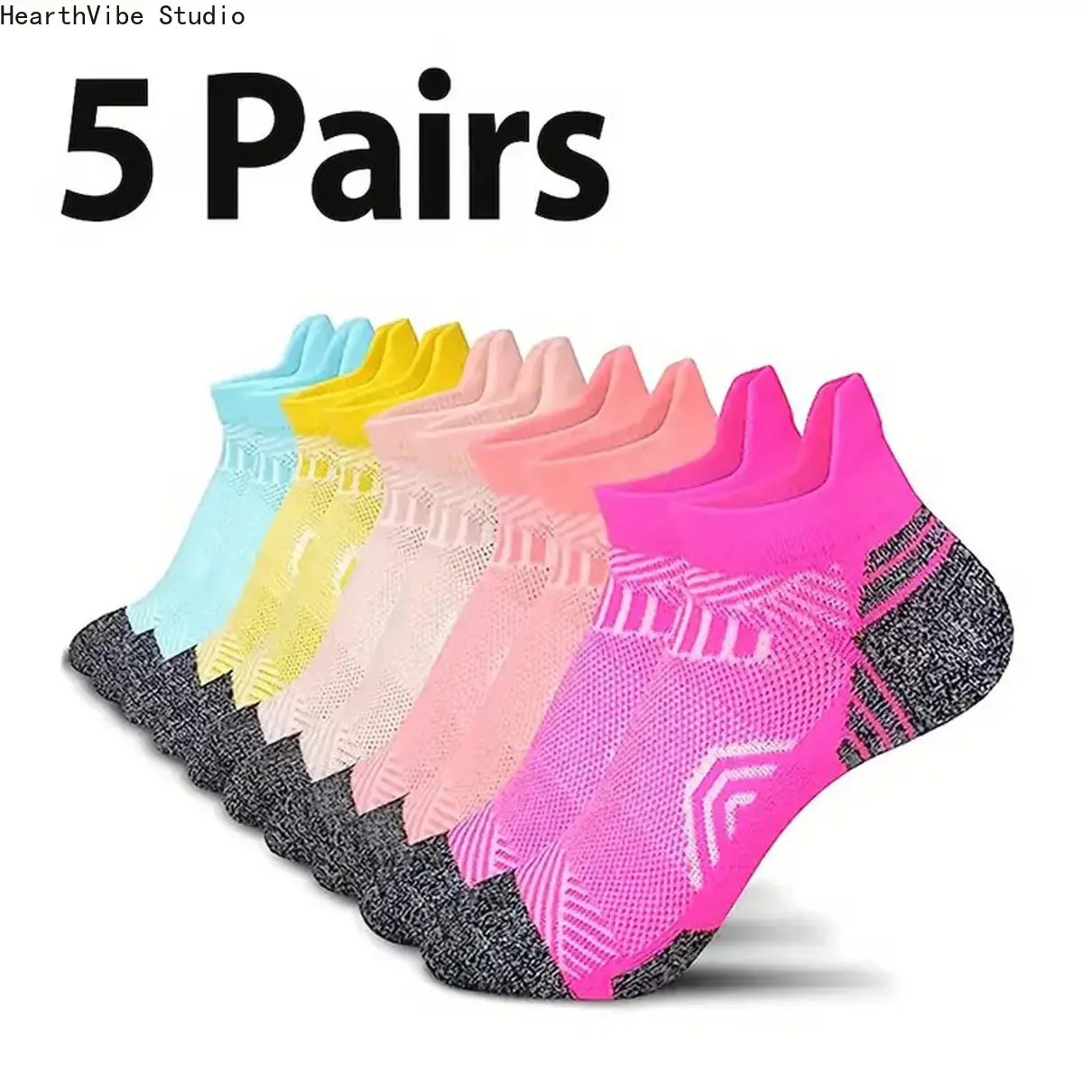 5 Pairs Men’s & Women’s Performance Athletic Ankle Socks - Multicolor, Classic, Low Cut with Soft Tab, Ankle Support, French Terry Compression Socks for Marathon Running, Multicolor Athletic Socks, Classic Sports Socks