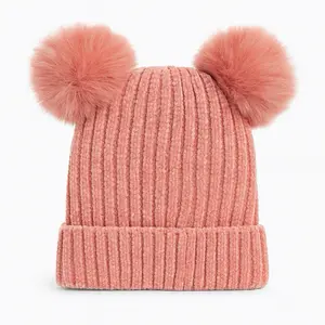 Luxury Chenille Pom-Pom Beanie – Warm Thick Knit Winter Hat