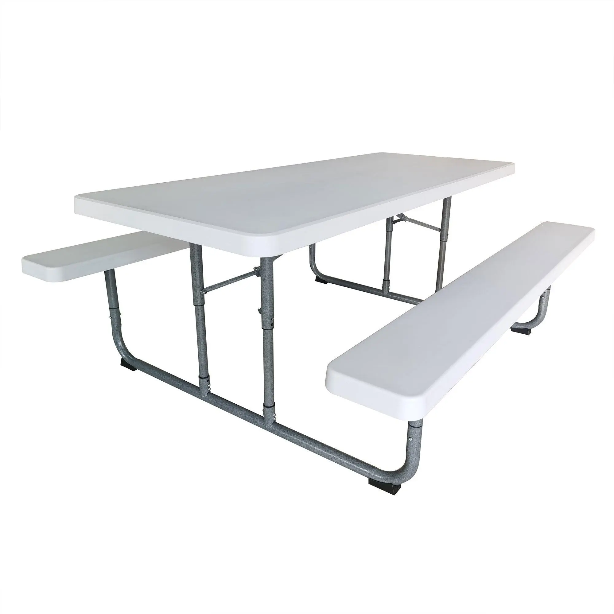 Peakform 6 Foot Rectangular Picnic Table, Double Bench Wood Grain Seating, White