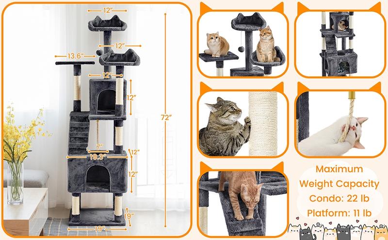 Yaheetech Cat Tree, 42/57.5/65/72in Cat Tower for Indoor Cats, Cat House with Platform, Scratching Posts, Double Condos, Cat Climbing Frame Bed Furniture