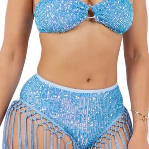 Sequin Fringe Bikini - Blue Sequined Top with Matching Fringed Bottoms for Stylish Beach Wear