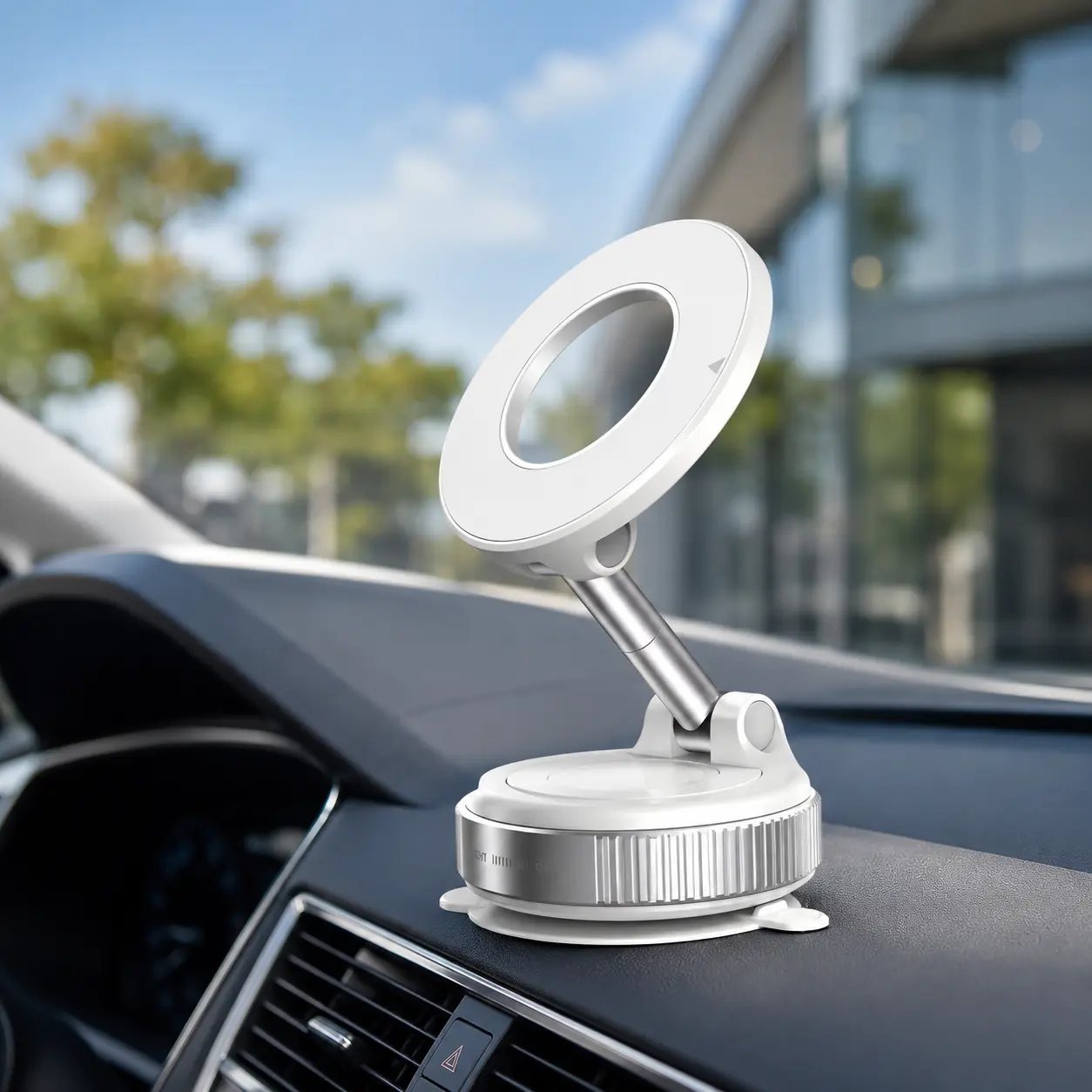 White Vacuum Magnetic Phone Holder for Car, 360° Adjustable Foldable Phone Mount with Twist-Lock Suction Base for Dashboard, Mirror and Desk