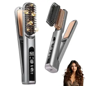 Cordless Hair Straightener Brush Curler 2 in 1 Portable Rechargeable Ceramic Anti Frizz Comb 4 Heat Settings Fast Heating Travel