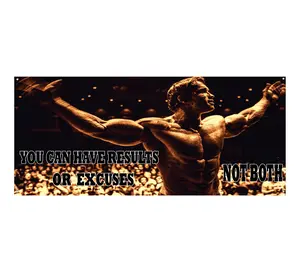 Arnold Results or Excuses Workout Banner 48x21 in Vinyl Sign with 4 Corner Grommets Durable Gym Wall Decor for Home Fitness Centers CrossFit Boxes Weight Rooms Personal Training Studios Bodybuilding Areas Strength Training Gyms