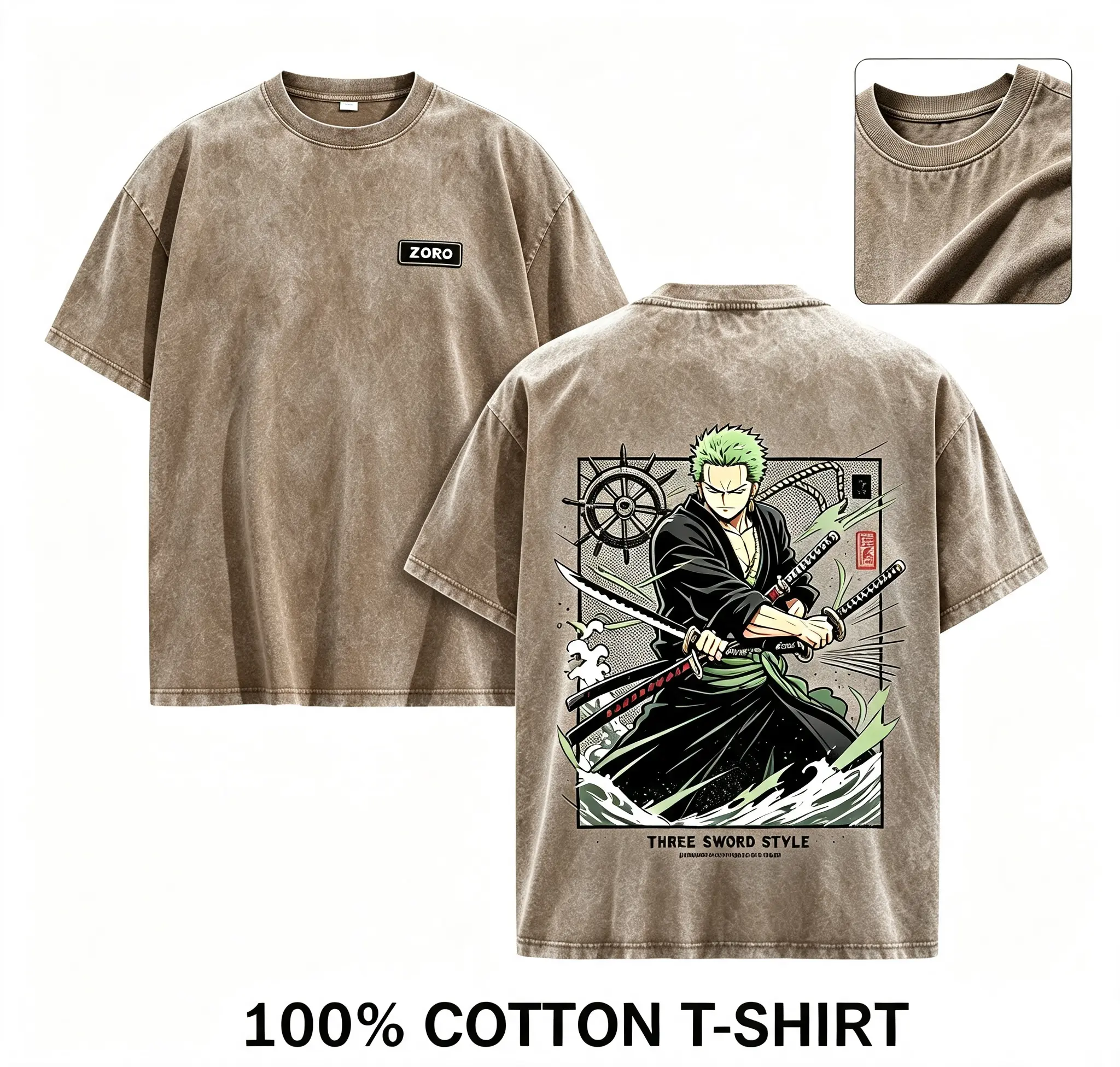 Vintage Washed 100% Cotton Oversized Loose-Fit Anime Manga Streetwear T-Shirt - Front Zoro Small Chest Label, Back 3-Sword Style Character Graphic, Daily Casual Wear,   men's t shirts
