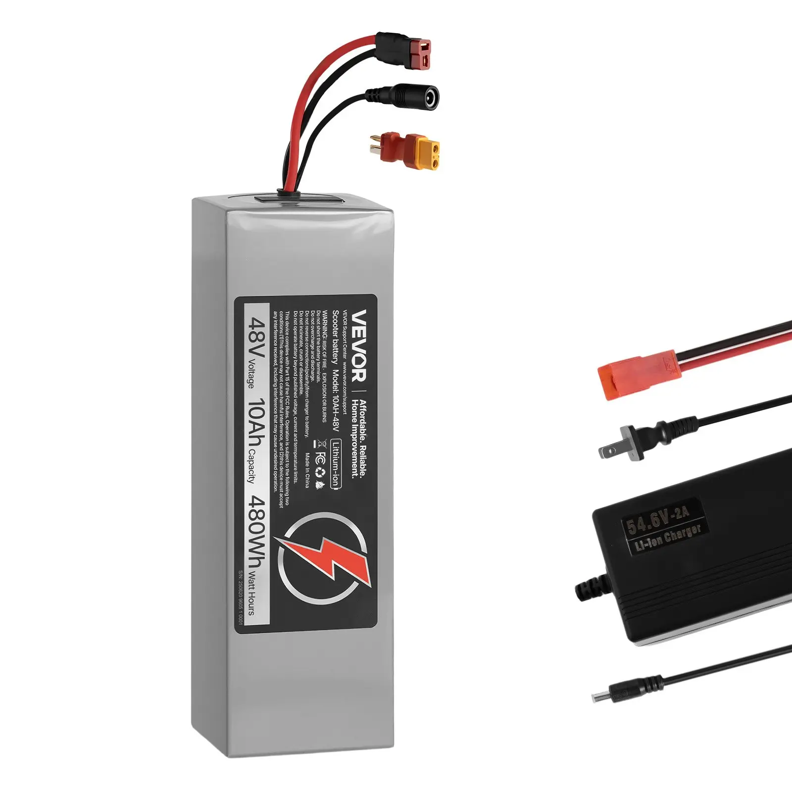 VEVOR 48V Lithium Electric Scooter Battery Kit, 10Ah High-Cycle Power Source with 30A BMS, Charger, T-Plug Expansion Cable, 500+ Cycles, Compatible with 2400W Motors for E-Bikes