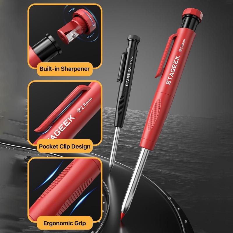 STAGEEK 3 Pack Carpenter Pencil with Sharpener, Mechanical Carpenter Pencils with 39 Refills, Heavy Duty Construction Pencil with Sharpener, Deep Hole Long Nib Marker Pens for Architect Marking - With Case STAGEEK 3 Pack Carpenter Pencil with Sharpener, Mechanical Carpenter Pencils with 39 Refills, Heavy Duty Construction Pencil with Sharpener, Deep Hole Long Nib Marker Pens for Architect Marking - With Case