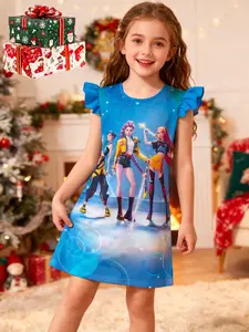 K-Pop Huntrix Rumi Mila Zoey Printed Flutter Sleeve Dress for Girls,  Love Valentine Cute Cartoon Style, Perfect Gift for Kids at Festivals and Reading Events