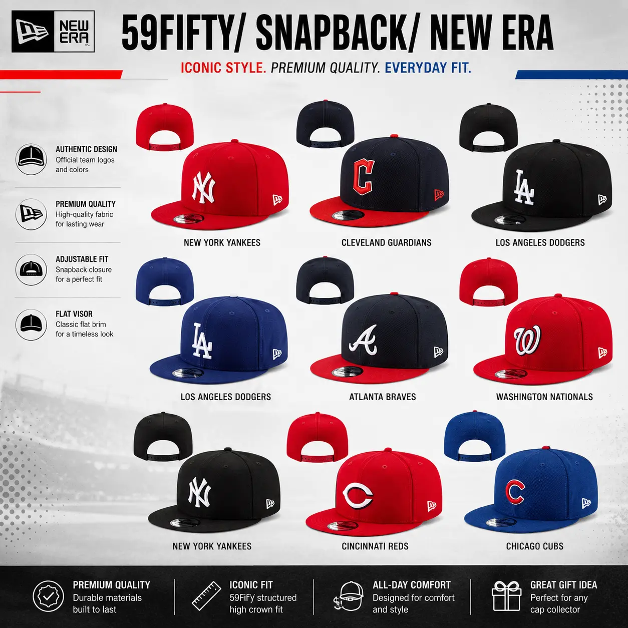 New Era 59FIFTY Snapback MLB Baseball Cap Adjustable Flat Brim Hat for Men & Women, NY Yankees LA Dodgers Atlanta Braves Chicago Cubs Cleveland Guardians Cincinnati Reds Washington Nationals Fitted Style Streetwear Hip Hop Sports Cap Gift