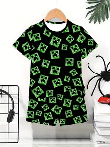 Boys' Pixel Block Short Sleeve Set, Summer Breathable Sports Two-Piece, Outdoor Gift, Birthday Present, Holiday Gift