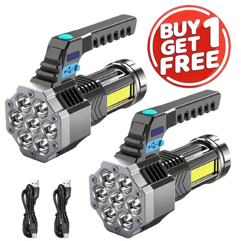 2-Pack Ultra-Bright 7LED Tactical Flashlights - 4 Modes, High Lumens COB Close-Up Light, USB-C Fast Charge, Built-In Batteries, Battery Level Indicator, Adjustable Camping Tools, Hunting Tactical Accessories, Emergency Signaling Headlamp Hiking