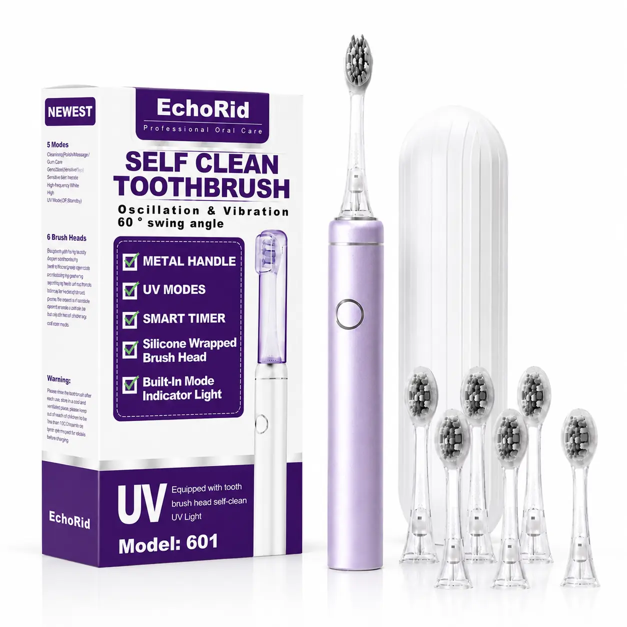 EchoRid Adult Sonic Electric Toothbrush, Metal Handle 5 Cleaning Modes, Built-in Smart Timer, UV Dust-proof Brush Head Storage Cover, Silicone Wrapped Replacement Brush Heads, 6 Replacement Heads Included