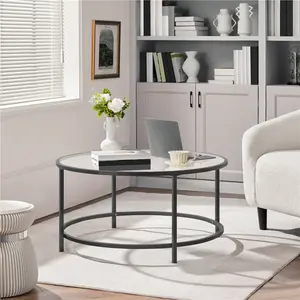 Yaheetech 36in Round Glass Coffee Table, Circle Center Table with Glass Top, Small Coffee Table for Living Room, Office & Apartment
