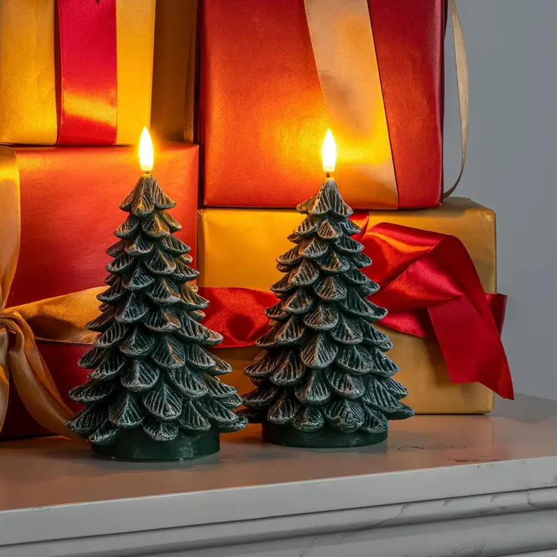 Homemory Classic Tree-Shape Flameless LED Candles, 2-Pack 8.5" Tree Décor Waxy Green Electric Candles with 6-Hour Timer, 4 Inches Thickest Battery-Operated for Cozy Little Christmas, Christmas Bedroom Decor, House Decor,home decor