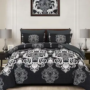 King Size comforter set 7 Pieces Boho Bed in a Bag for King Bed Black Damask Comforter Set with Sheet Pillowcases & Shams Soft Microfiber Lightweight Bedding Set for All Season(90"x104")