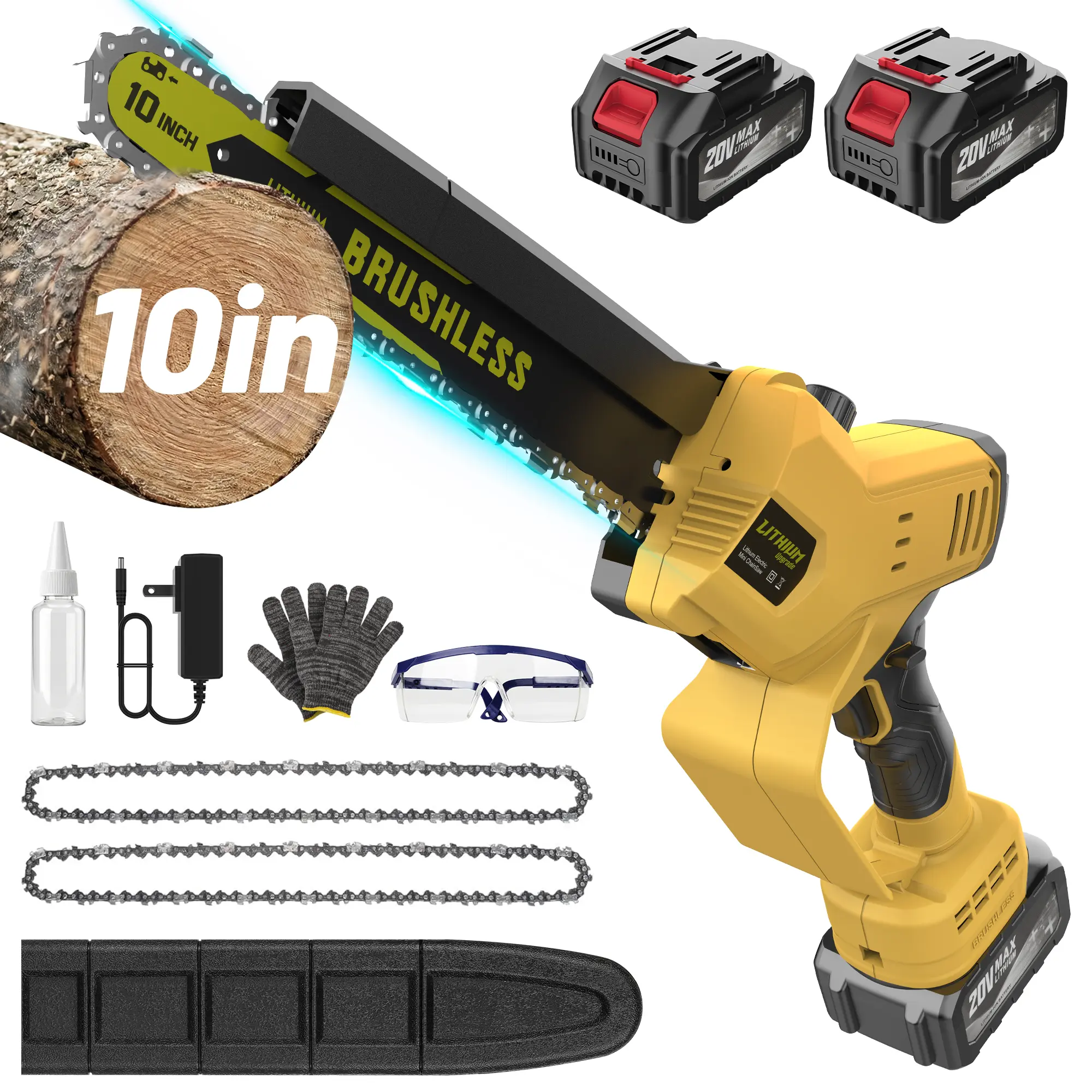 10-Inch 20V Brushless Chainsaw – 5500 RPM, Tool-Free Adjustment, Auto Oiler, 4.18 lbs – Ideal for Yard Work
