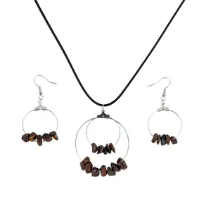 Tiger Eye Double Circle Pendant and Circle Hoop Earrings Set