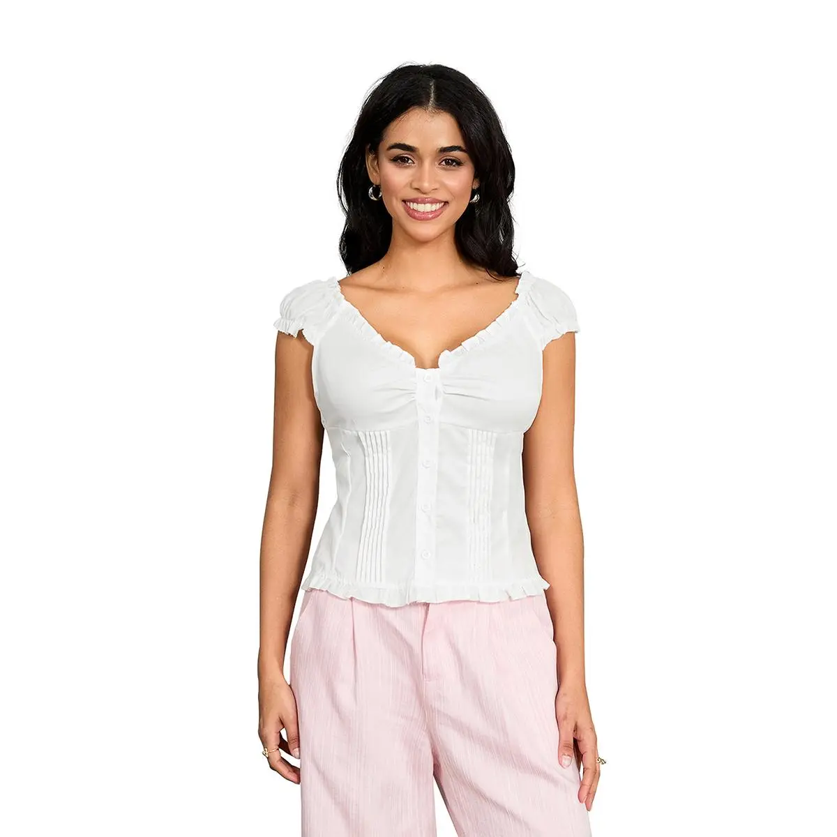 Women's Frill Trim Blouse with Cap Sleeves, Casual Solid Color V-Neck Button Down for Summer, Multi-Color, 100% Polyester, Button Front, Cold Machine Wash, Frilled Hem