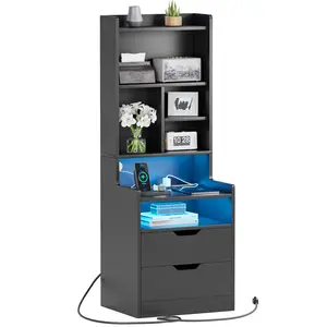 Sikaic LED Tall Nightstand with Bookshelf Charging Station Modern Bedside Table with 2 Storage Drawers and Open Storage Space