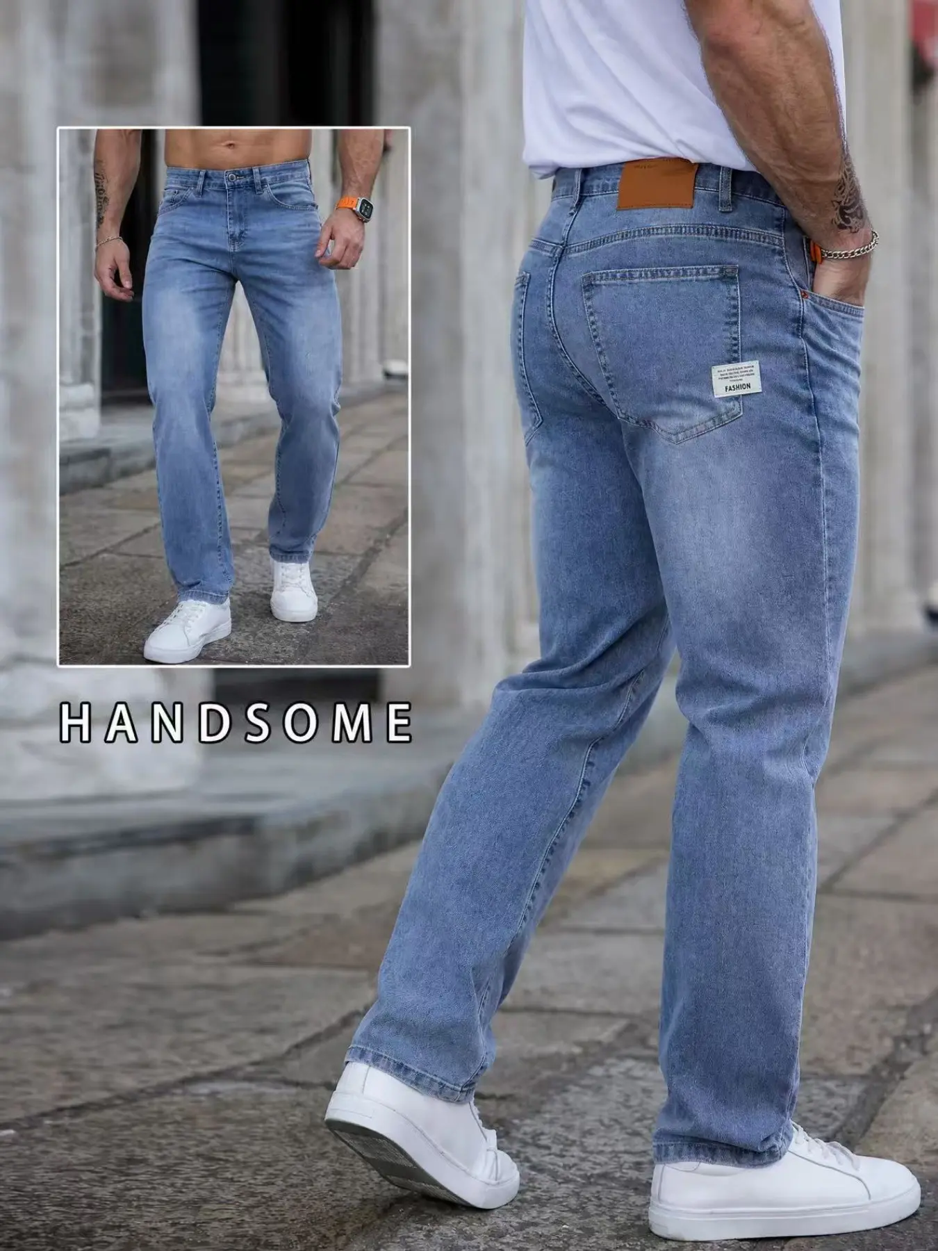Men's Breathable Lightweight Straight Leg Classic Plain Fashion Casual Denim Jeans, Light Blue Elastic Comfort, Vintage Washed Summer Casual Long Pants