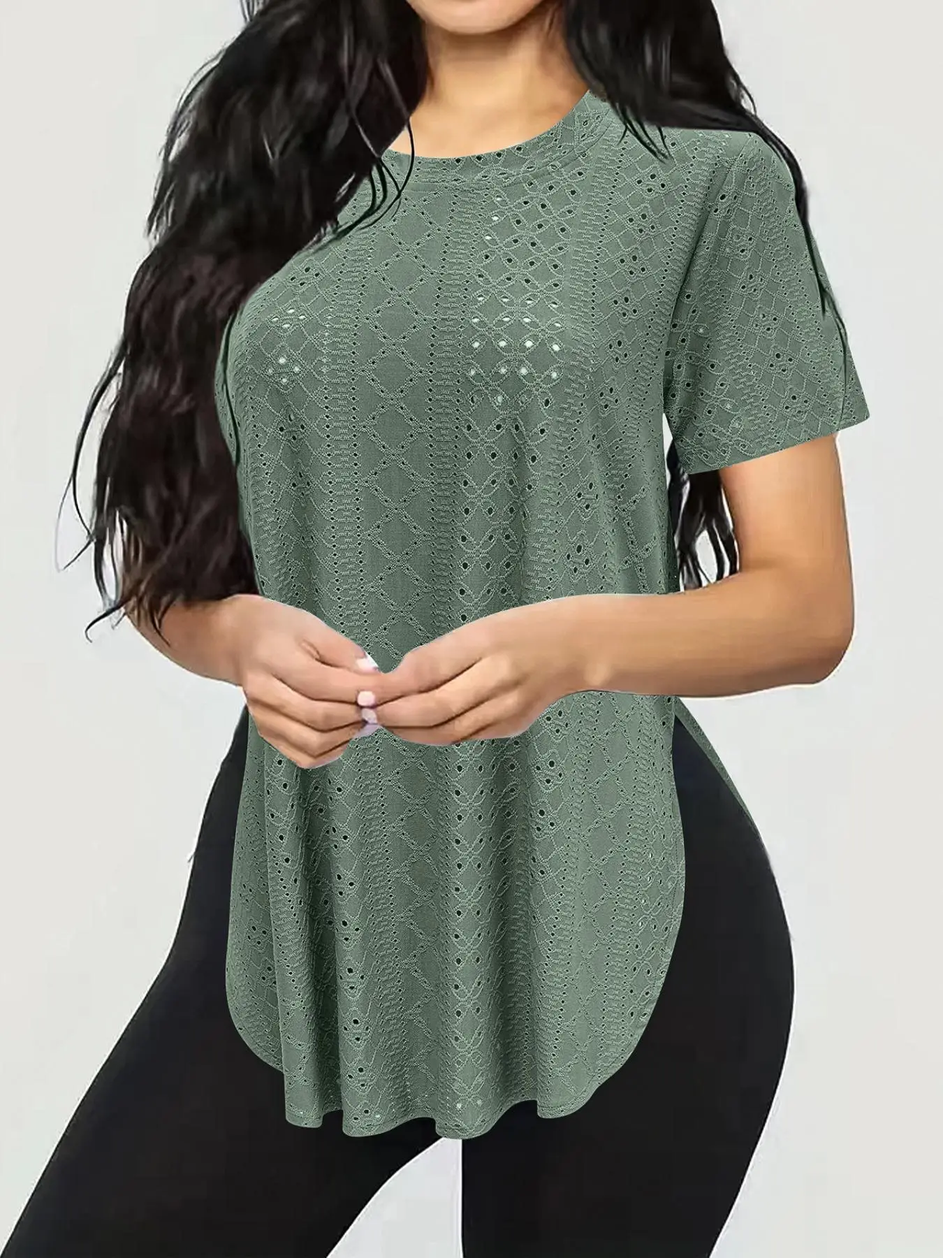 Women's Plain Eyelet Embroidery Drop Shoulder Tee, Casual Short Sleeve Round Neck T-Shirt for Summer, Fashion Women's Top for Daily Wear