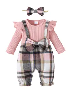 Baby Girls 0-18 Months Long Sleeve Bowknot Romper and Headband Crew Neck Flying Sleeve Design One Piece Outfit