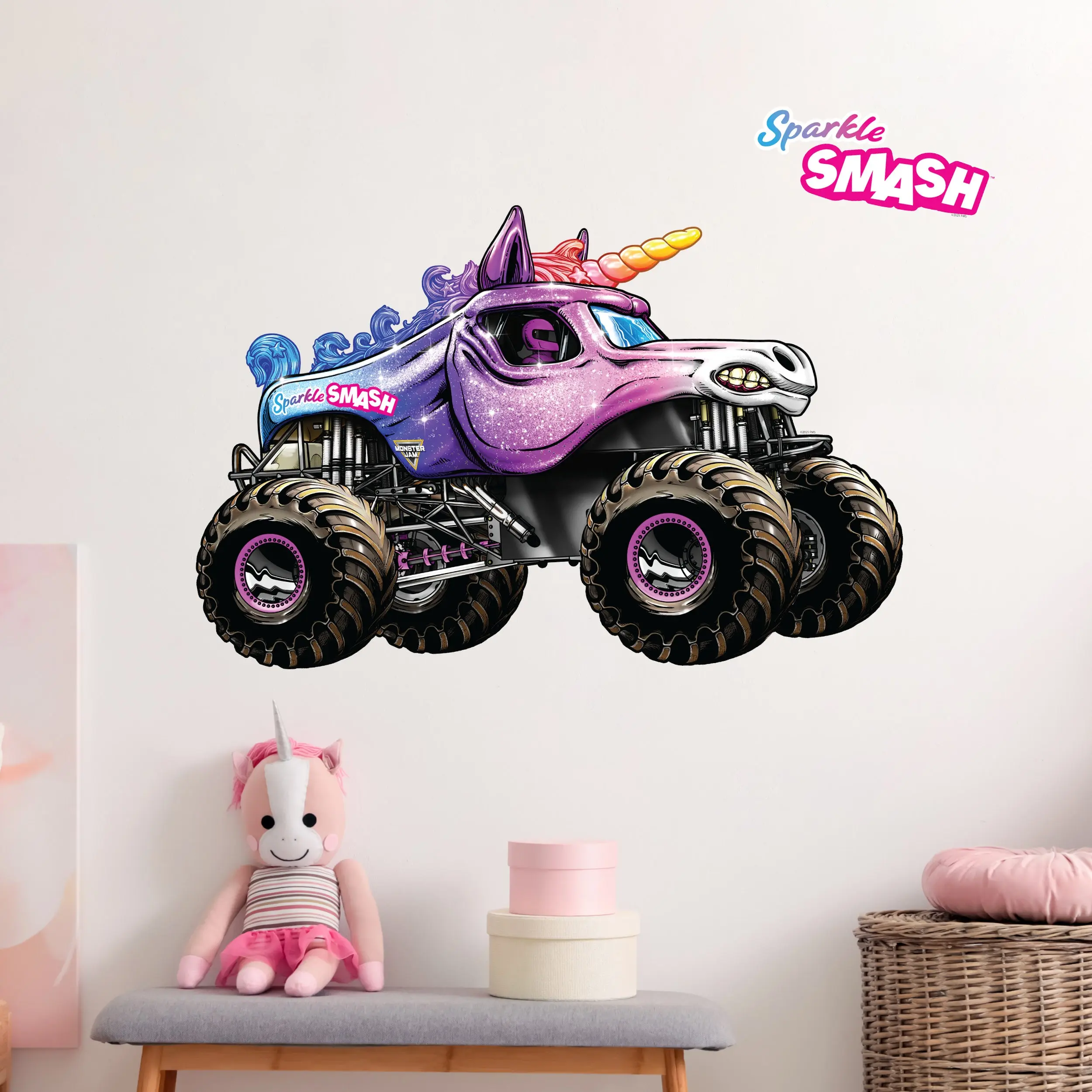 Wall Palz Monster Jam Sparkle Smash Wall Decal 21" Wide Repositionable Monster Truck Decal with Official Logo for Kids Room Decor
