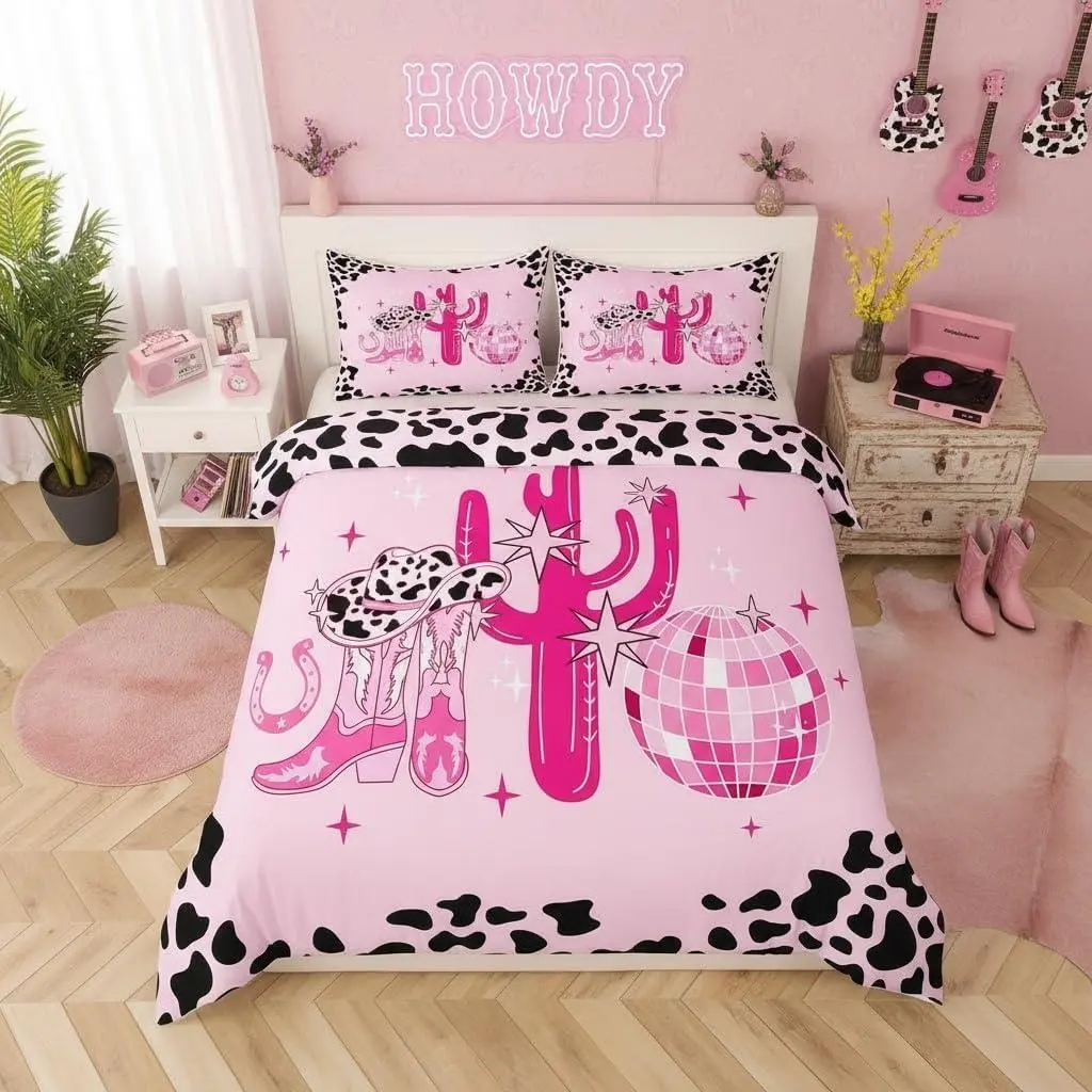 Cowgirl Boot Hat Duvet Cover Pink Milk Cow Print Bedding Set,Cactus Disco Country Western Cowboy Comforter Cover(No Filler) for Women Kids Room Decor Bedding Set