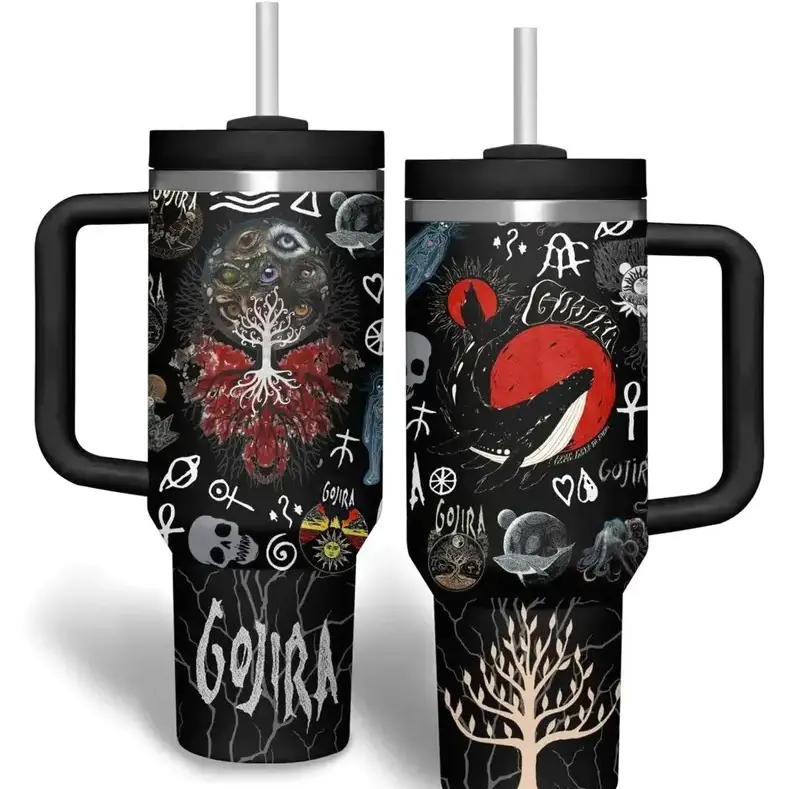 [Gift Box & Straw] Dark Metal Style Gojira Tumbler 20oz 40oz With Handle, Large Capacity Insulated Stainless Steel Travel Cup, Heavy Metal Artwork Drinkware Gift For Music Fans