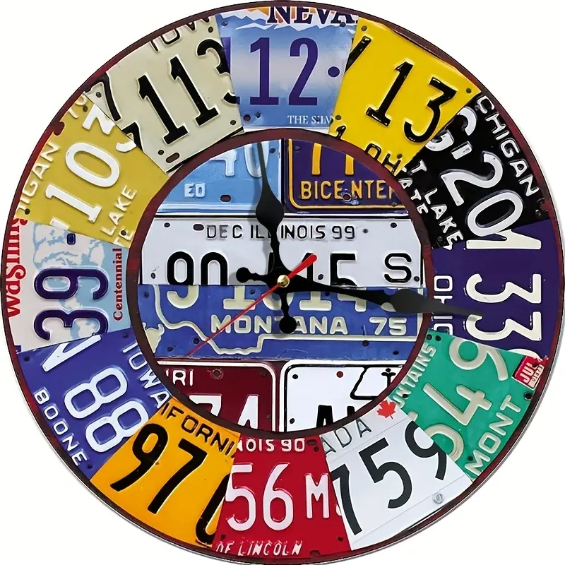 10 Inch Vintage Style License Plate Design Wooden Wall Clock, Silent Quartz Movement, Battery Operated, Home Decoration