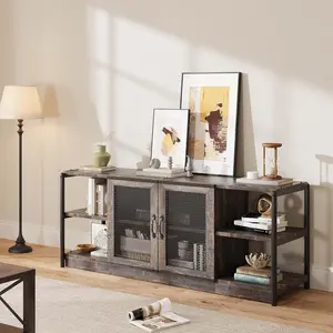 Rustic Industrial TV Stand for 65+ Inch TVs, Vintage Media Console Cabinet with 2 Mesh Doors & 4 Open Shelves, Metal Frame Entertainment Center (Fits PS5) for Living Room, Bedroom, Dark Oak, Fits 65+ Inch Tvs