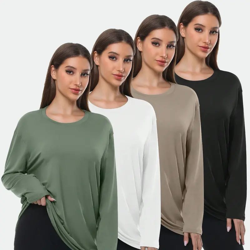 Women's 4-Pack Oversized Long Sleeve Crew Neck Baggy Fit Activewear Gym Shirts - Plus Size, Casual Workout Tops, Machine Washable Athletic Apparel, 4pack Workout Set, Size M