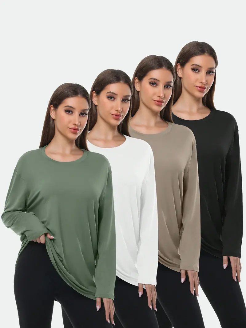 4 Packs Workout Oversized T Shirts For Women Long Sleeve Plus Size Baggy Athletic Gym Shirts Tops Tees Machine Washable