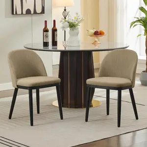 Gaomon Linen Fabric Dining Chair Set of 2, Upholstered Kitchen Accent Chairs with Thick Cushion Seats, Curved Backrests, Modern Wood Frames & Adjustable Ft for Dining Room, Kitchen, Camel