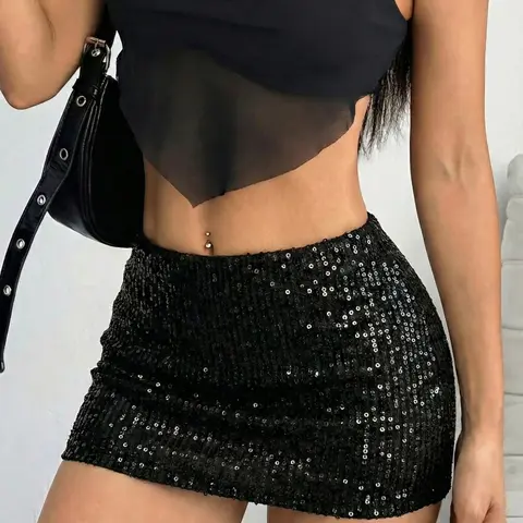 Black Sequin Mini Skirt Women High Waisted Bodycon Sparkly Skirt Sexy Clubwear Party Night Out Outfit Glitter Short Skirt Y2K Trendy Fashion Womenswear Trendy Flirty Skirt Sequined Skirt Sparkle Skirt