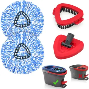 Spin Mop Replacement Heads, Base, Brush for  EasyWring 2 Tank System, Includes 2 Microfiber Refills, 1 Triangle Cover and 1 Scrub Tool for Cleaning Bathroom Kitchen Tile Floor