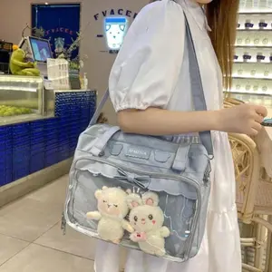 Japanese Cute Transparent Canvas Itabag Fashion Girls One Shoulder Bag Student Personality Crossbody Bag with Badge Doll Ita Bag
