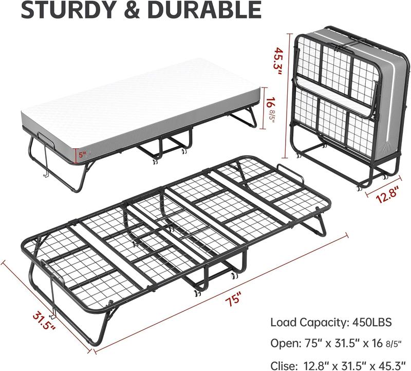 INTERGREAT Folding Bed with Mattress, Roll Away Beds with Mattress for Adults, Single Cot Foldable Rollaway Beds, 75" x 38" / 75" x 31"Portable Bed for Easy Storage, Strong Frame for Guest Room, Small Apartment