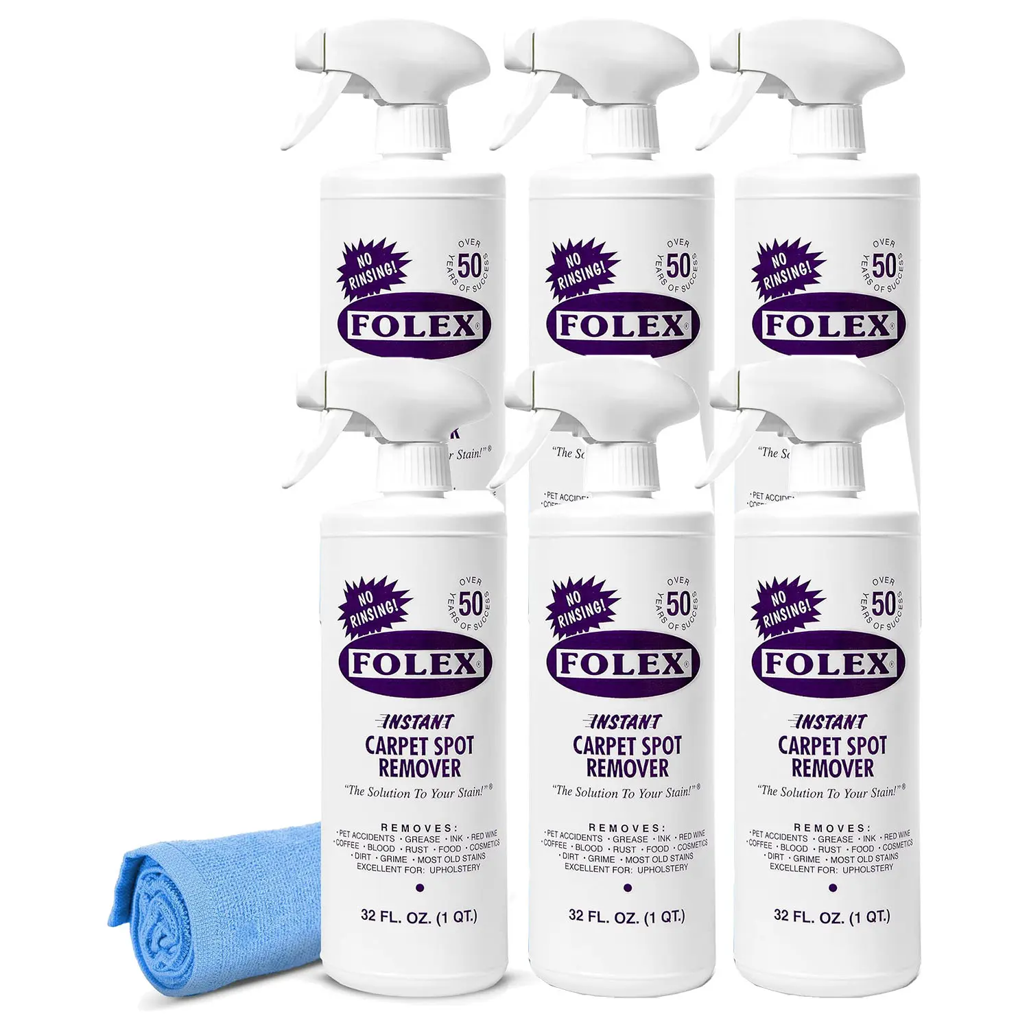 FOLEX Instant Carpet Spot Remover 32 oz – Powerful Stain Remover for Carpets, Upholstery & Rugs – Eliminates Pet Stains, Grease, Red Wine, Food, Makeup & More – With Reusable Cleaning Cloth – 6 Pack