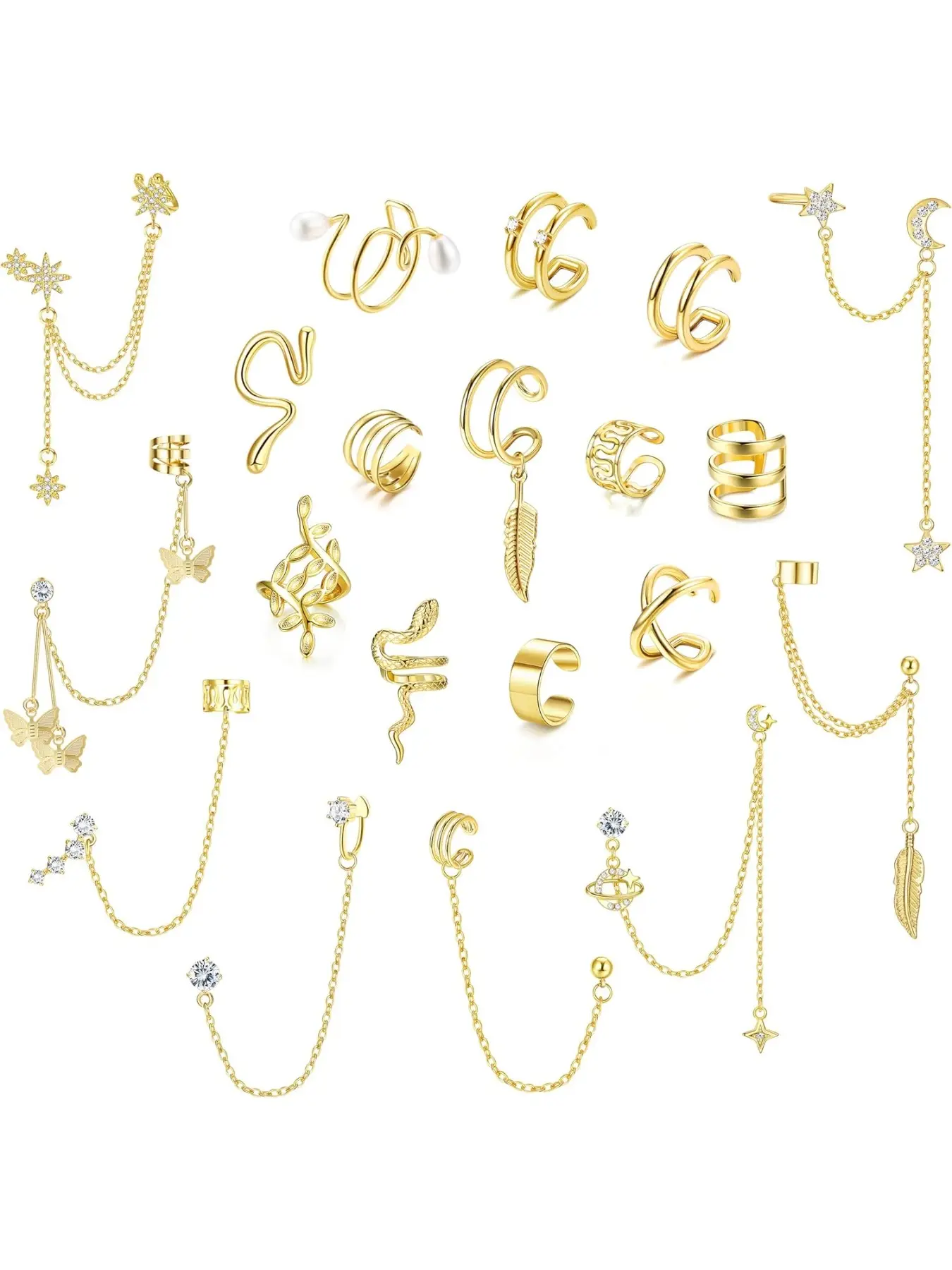20pcs Ear Cuff Earrings for Women, Non-Piercing Cuff Chain Earrings, Dangle Earrings Set, Adjustable Helix Cartilage Cuff Wrap, Casual Copper Stud Earrings, Ear Studs, Earrings Jewelry