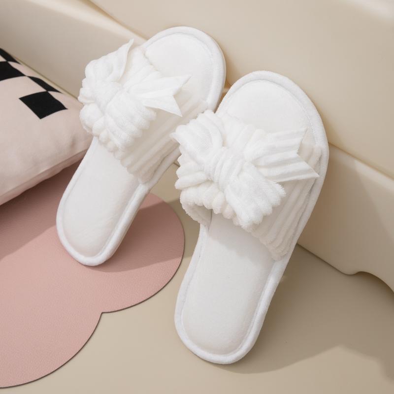 Women's Plush Bow Knot Home Slippers - Open Toe Soft Indoor House Shoes for Spring & Autumn in Pink Black & White Colors