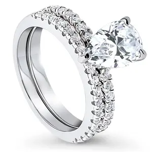 BERRICLE Sterling Silver Solitaire Hidden Halo Engagement Rings Stackable Band for Women, 1.8 Carat Pear Cut Cubic Zirconia CZ Ring Set