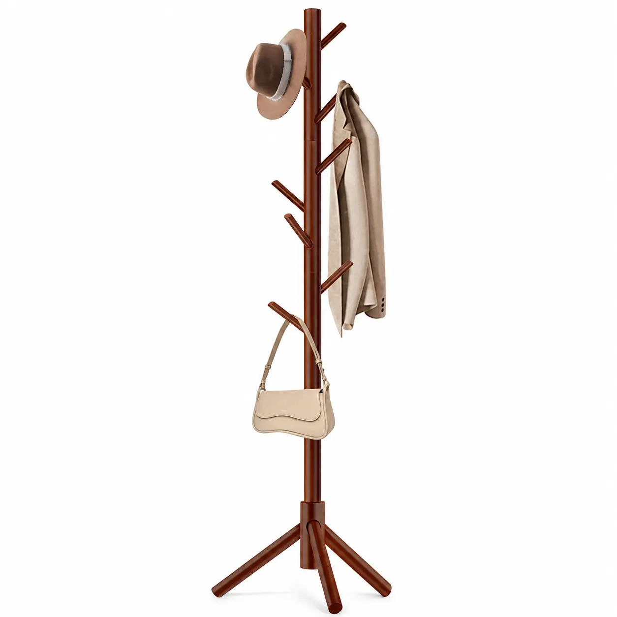 Adjustable Wooden Coat Rack Stand, Freestanding Coat Tree with 8 Hooks, 3 Height Options for Entryway, Bedroom, Hallway, Office, Hats, Coats, Bags