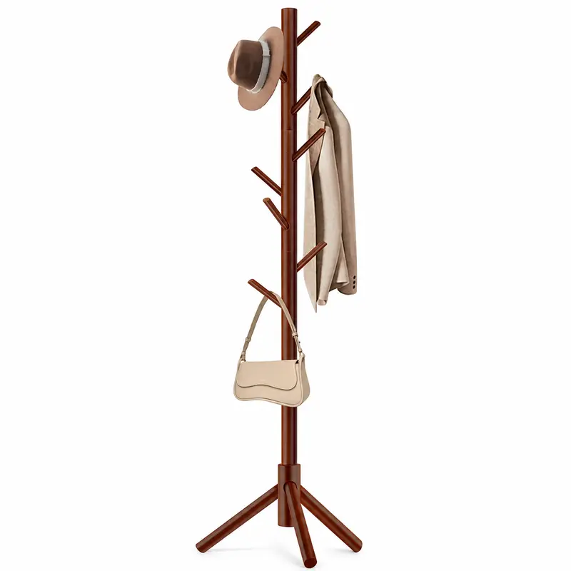 Adjustable Wooden Coat Rack Stand - Freestanding Coat Racks with Wooden Finish, 8 Hook Capacity, 3 Heights Adjust, Tool-Free Setup for Entryway, Bedroom Storage of Hats, Bags