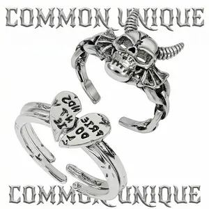 [New]Antique Finish Interlocking Heart Ring with Vintage Demon Ring, Stranger Things Style 3PC Ring Set