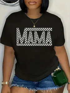 100% Cotton Unisex Funny Checkered Mama Black White Gift Women T-Shirt