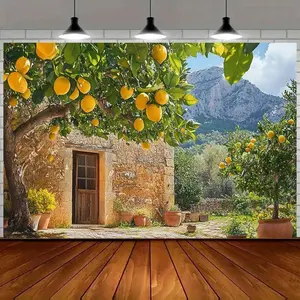 1pc Mediterranean Lemon Tree Rustic Stone Building Mountain Scenery Backdrop Banner - Durable Polyester Fabric, No Electricity Needed, Multiple Sizes for Party Decor, Birthday, Wedding, Photo Booth