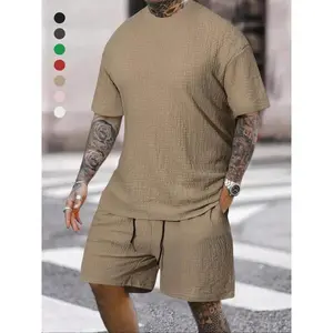 Men's casual short sleeved jacquard shirt set with geometric bubble texture design, perfect for wearing on Hawaiian beaches